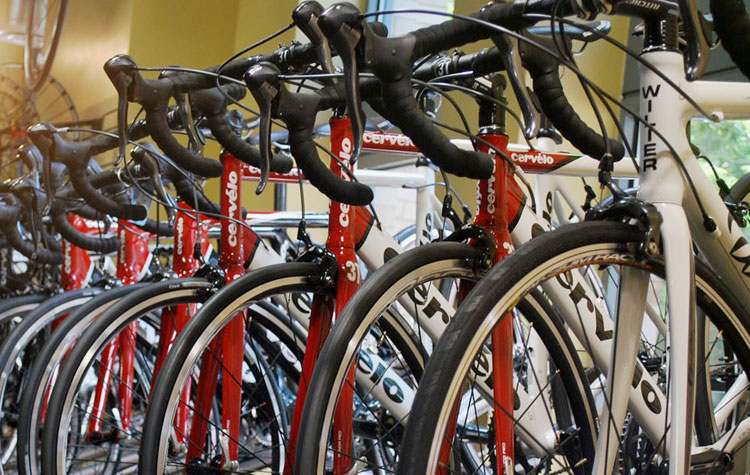 Inside a bicycle store.